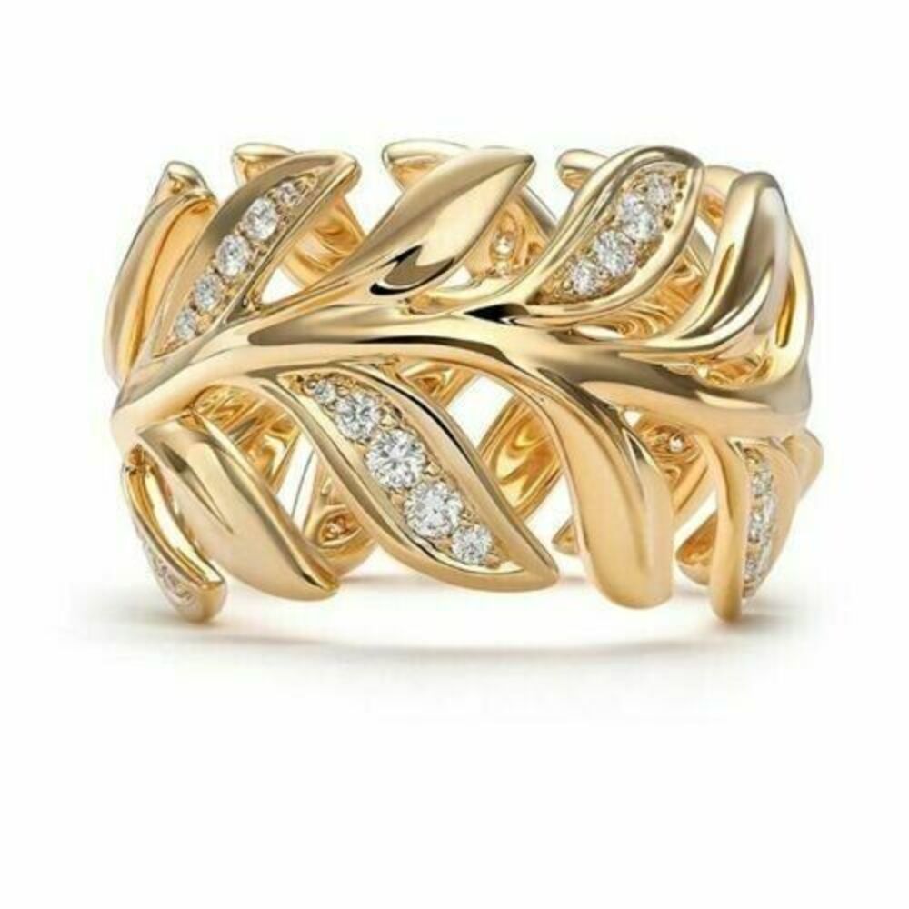 Leaf Vine Gold Ring Size 6 Clear Pave Rhinestones Wide Band Nature Jewelry NEW